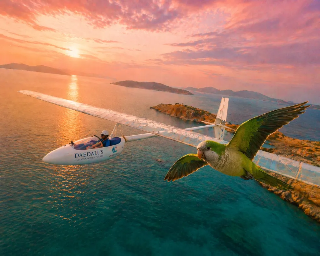 Pilot in a white Daedalus hang glider above turquoise water at sunset, with a green parrot flying in the foreground.