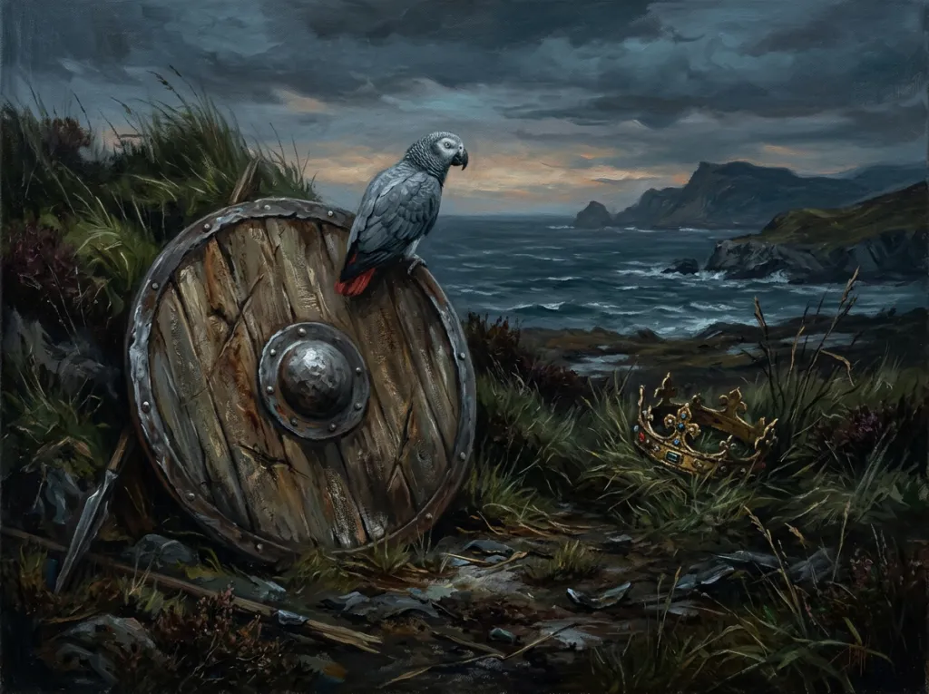 Stormy coastal scene with a weathered wooden shield and a perched blue parrot, a jeweled crown resting in tall grass nearby.