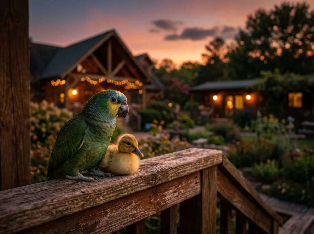 A green macaw perched with a small duckling on a weathered wooden railing at dusk in a cozy garden inn with warm fairy lights in the background.