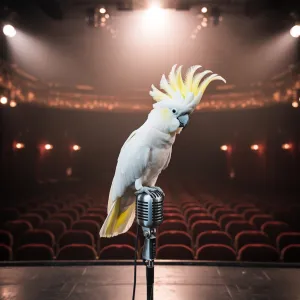 White cockatoo with a yellow crest perched on a vintage microphone on a theater stage, with red-velvet seats in the background.