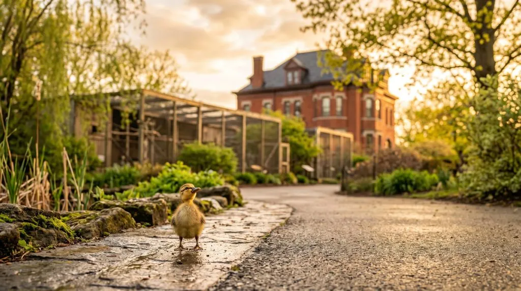 Duckling standing on a wet stone path in a sunlit garden, with a red brick building in the distance.