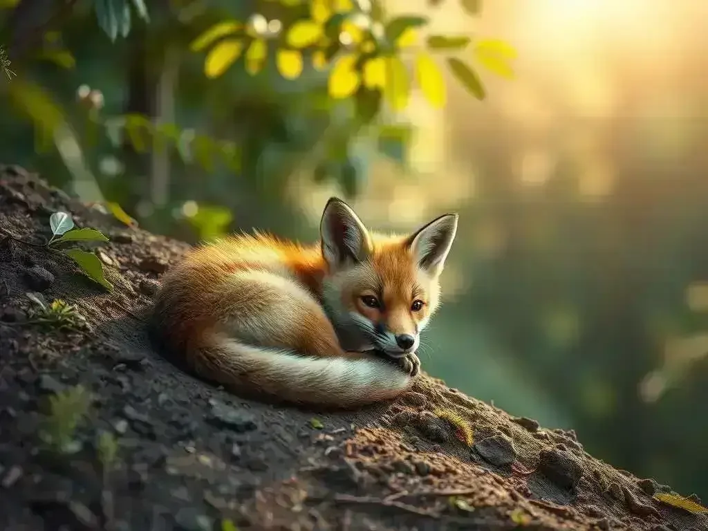 AI image of a baby fox curled up on a dirt hill at sunrise in a forest.